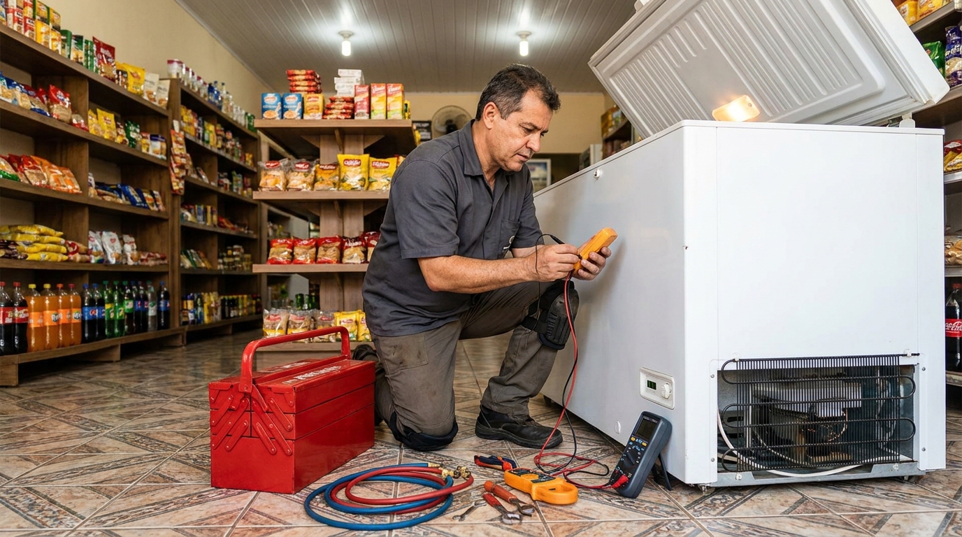 Recarga de gás refrigerante em freezer em atendimento em Jaboatão dos Guararapes‑PE