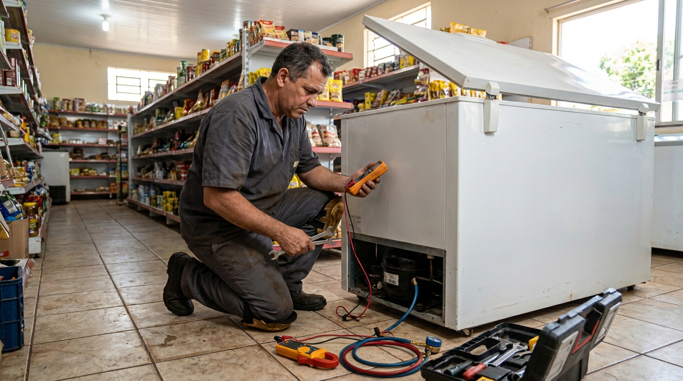 Troca de termostato de freezer em atendimento técnico em Jaboatão dos Guararapes‑PE